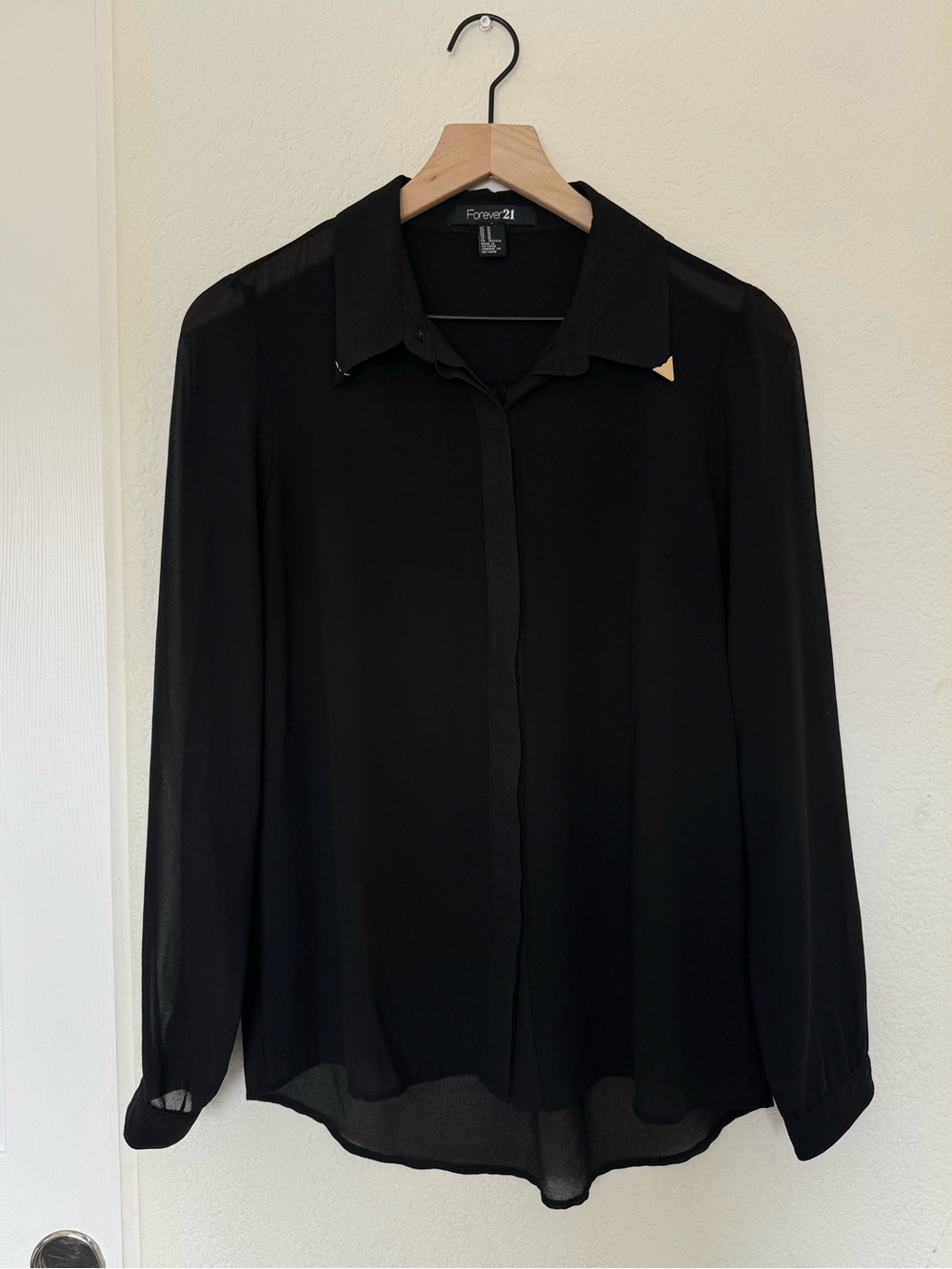 Forever 21 Black Sheer Button-Up Blouse with Gold Detailing Size Medium